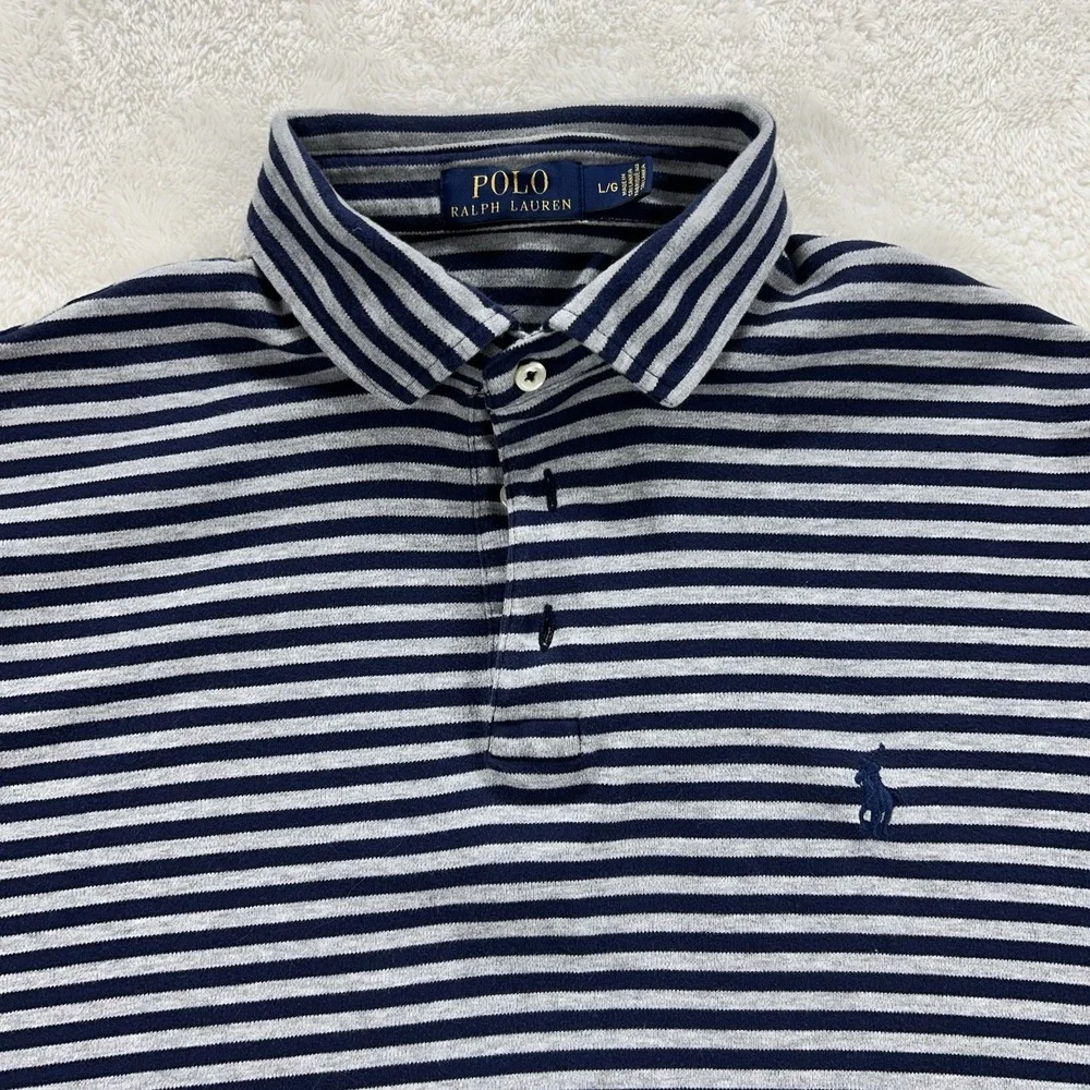 Polo Ralph Lauren Polo Shirt Men's L Gray/Blue Striped Stretchy Soft Check Meas.